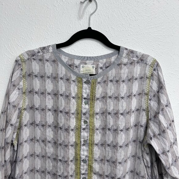 Sigrid Olsen Embroidered Linen Tunic Top Gray Lagenlook Coastal 1/2 Button Up L - Picture 2 of 11